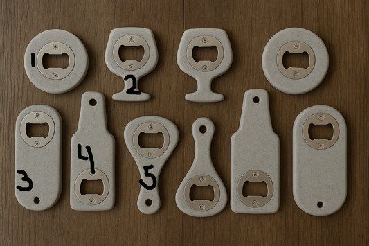 Collection of bottle openers on a wooden surface